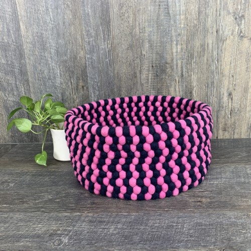 Pink and Navy Blue Ball Felted Basket 18x8.5 Inches