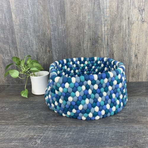 Bluish and White Felted Ball Basket 18x8.5 Inches